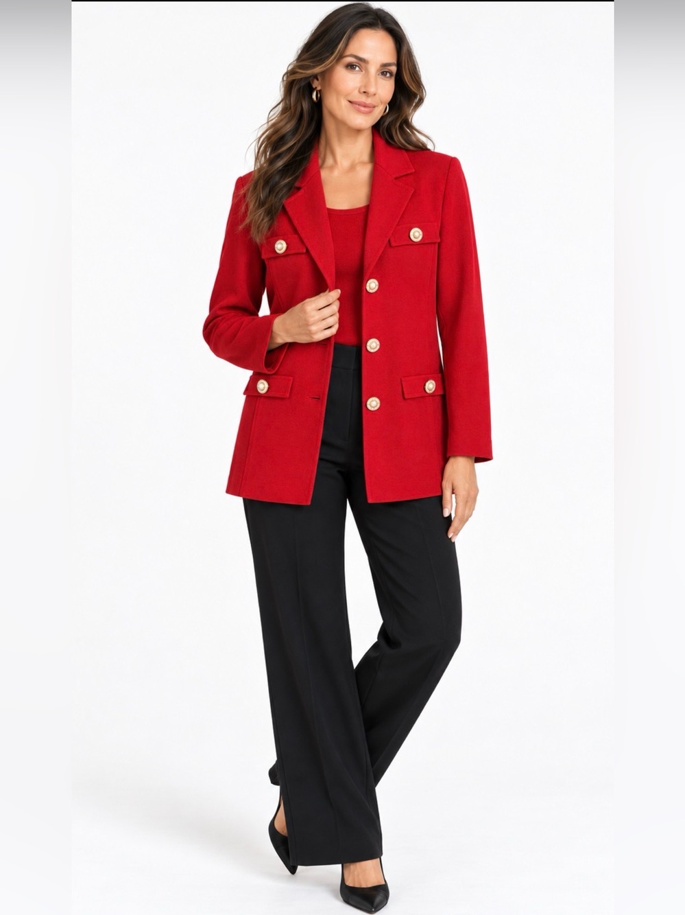 Misook Red Knit 2 Piece Blazer Jacket & Sleeveless Top Set Gold Buttons Medium